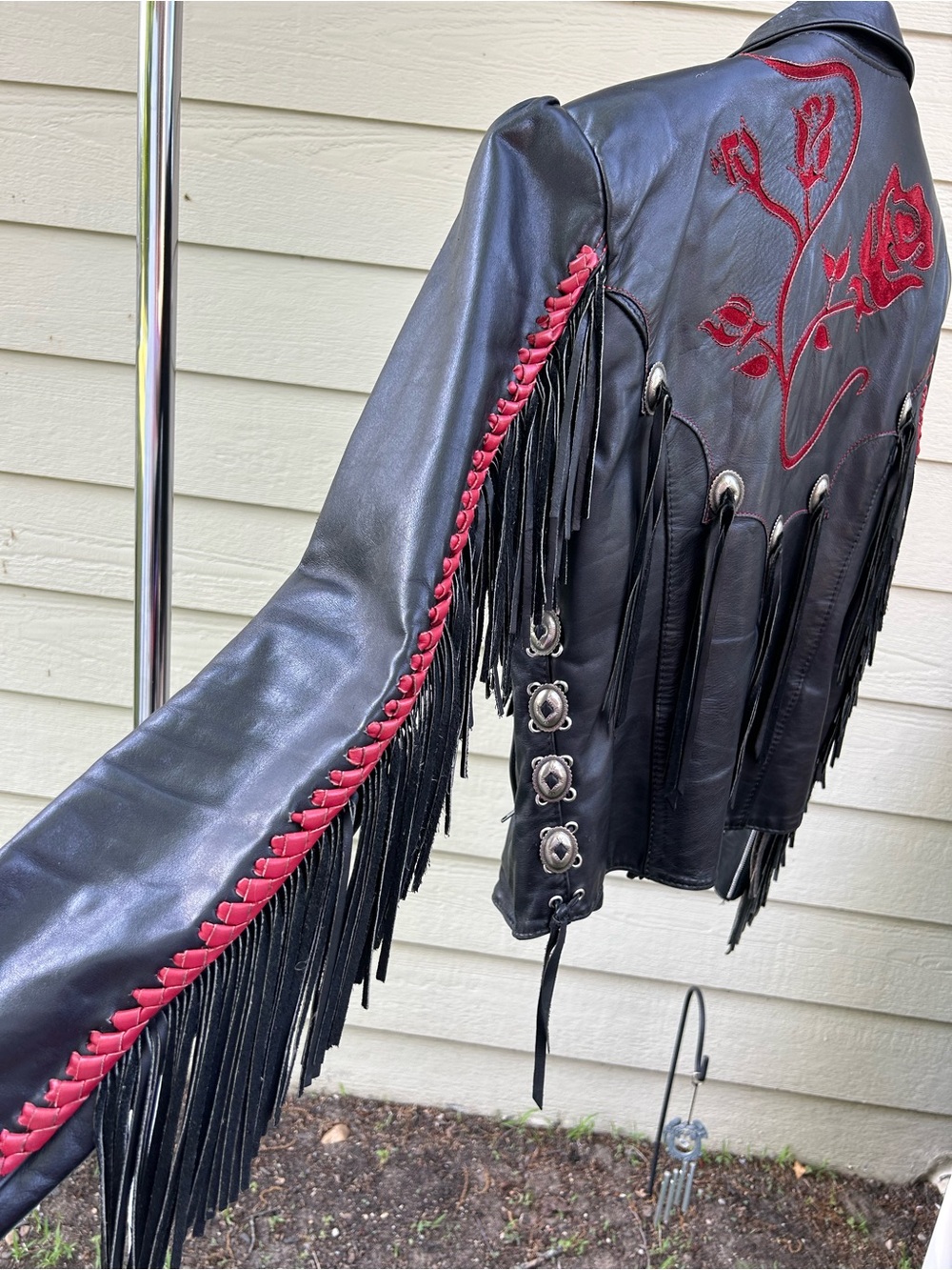 Black Leather Jacket with Red Embroidered Accents - Picture 3 of 6